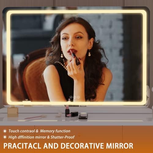 Hasipu Vanity Mirror with Lights, 80 x 58cm LED Makeup Mirror, Lighted Make up Mirrors with Dimmable 3 Modes, Touch Screen Control Vanity Mirrors Square White