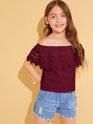 Image of WDIRARA Girl's Folklorico Shirt Off Shoulder Ruffle Trim Lace Blouse Tops | Short Sleeve, Mexican Blouse, Dressy Peasant Tee, Casual