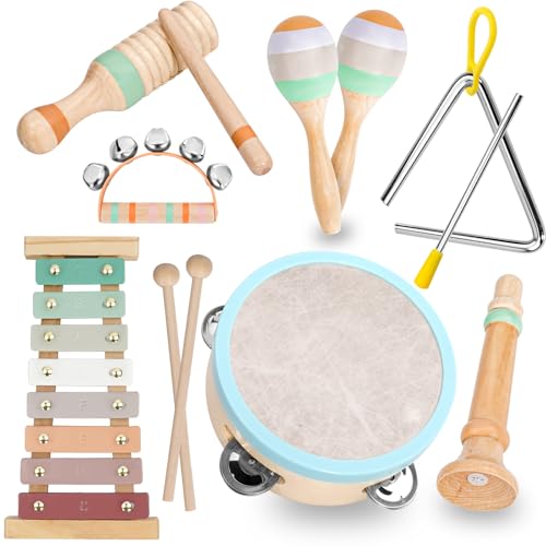 Raimy Musical Instruments Set – Neutral Colors Wooden Montessori Toys Percussion Music Modern Boho Xylophone Birthday Gifts for 1 2 3 Year Old Kids Baby Toddlers Boys Girls with Storage Bag