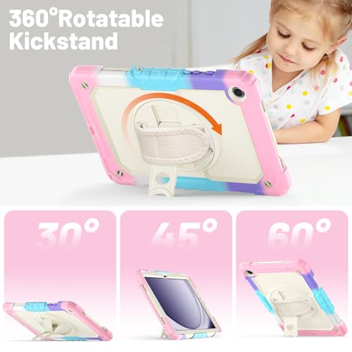 Coque Galaxy Tab A9 Plus抗震防摔带屏幕保护膜360度旋转支架粉迷彩