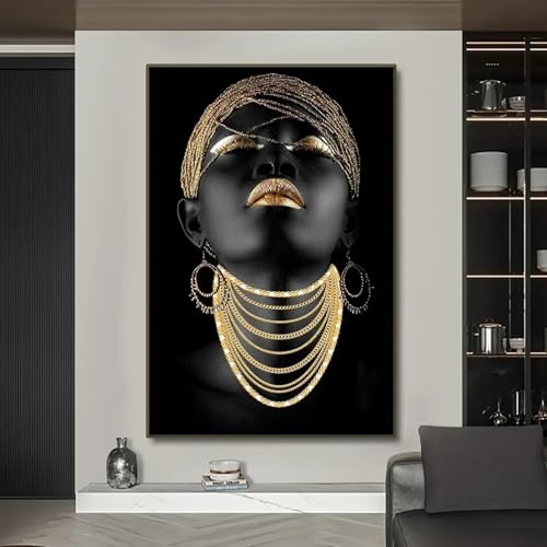 Peinture femme africaine dorée pour sublimer le design d'un salon moderne ou d'une chambre
