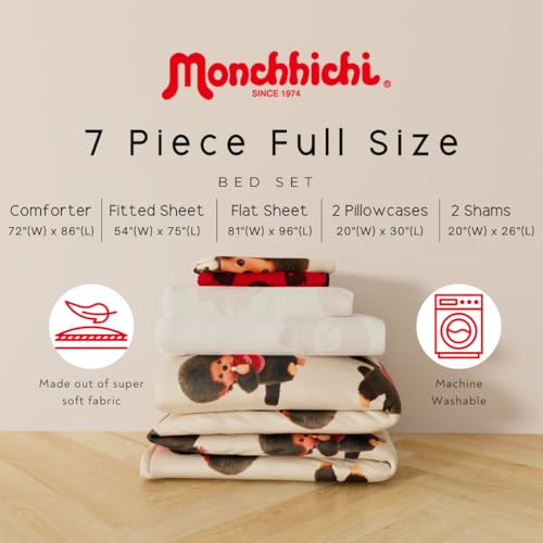 Image of Monchhichi Bedding 7 Piece Full Bed Set, Soft Cozy Nostalgia Reversible Comforter and Sheet Set with Sham, (Officially Licensed Product) by Franco