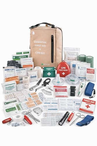 MOOR First Aid Kit with Ice Pack CPR Face Shield & Nitrile Gloves Emergency Survival Kit | First Aid Box with Gauze Pads Burn Gel Antiseptic Wipes & Bandages | for Car Travel Camping