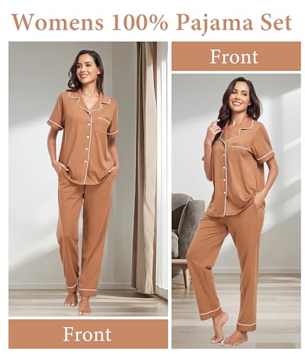 Image of CF Womens 100% Cotton Pajamas Set Button Down Pjs Sets Short Sleeve Top & Long Pants Sleepwear Comfy Loungewear with Pockets