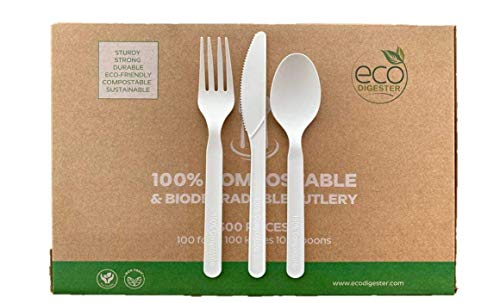 Ecodigester Compostable Cutlery Set - 100% Eco-Friendly - 300 pieces (100 Forks | 100 Spoons | 100 Knives) - Durable disposable utensils made from renewable plant-based resources