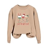 Sudadera informal de manga larga con estampado de Navidad para mujer, color sólido, hombros caídos, gráfico festivo, sin capucha, cómoda, para invierno, sudadera para mujer, Caqui #3, XL