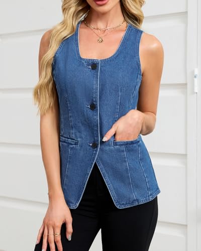 Kedera Denim Vest for Women Button Down Long Jean Waistcoat Casual Scoop Neck Sleeveless Denim Jackets Slim Fit Jean Top4