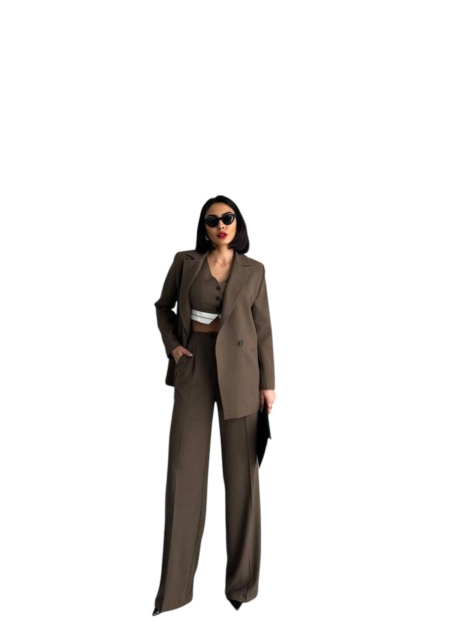 Professional Double-Breasted Blazer Suit Set Brown Long Sleeve with Button Closure