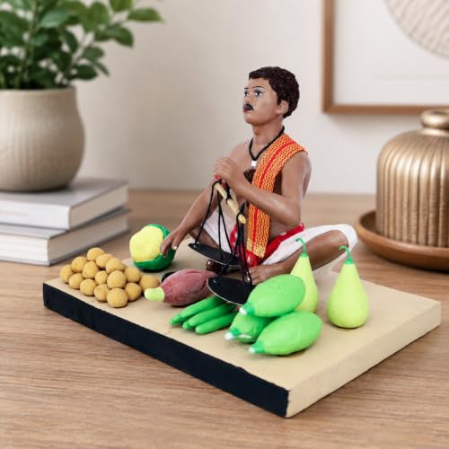 Image of Krishnanagar Handmade Clay Gift & Decor | Standard- Sitting Human Figure Miniature Idol - Vegetable Seller