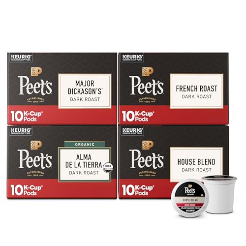 Image of Peet's Coffee, Keurig K-Cup Pods Dark Roast Variety Pack, 100% Arabica Coffee - Major Dickason's Blend, French Roast, Organic Alma De La Tierra, House Blend, 40 Count (4 Boxes of 10 K-Cup Pods)