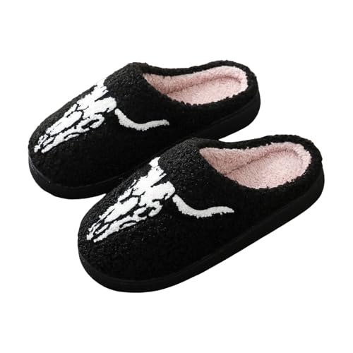 Cute Slippers for Women Fun Cozy Plush Warm Slides Cartoon Warm Plush Home Slides Comfortable Non-Slip Halloween Cotton Slipper Cow Embroidery Holiday House Shoes3
