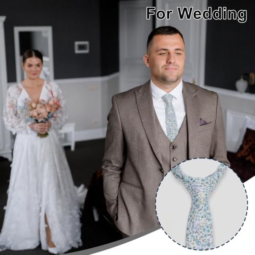 Image of Luckyvestir Ties for Men, Sage Green Cotton Floral Tie 2.76 inch Flower Printed Men's Neckties for Wedding /Groomsmen /Suit /Party