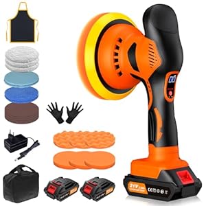 Poliermaschine Auto Akku, 8 Variablen Geschwindigkeiten, 2800–6000 U/min, Exzenter autopoliermaschine mit 2x 21V 2.0Ah Akkus und 21PCs politur set für die Auto-Detailpflege und Kratzerentfernung