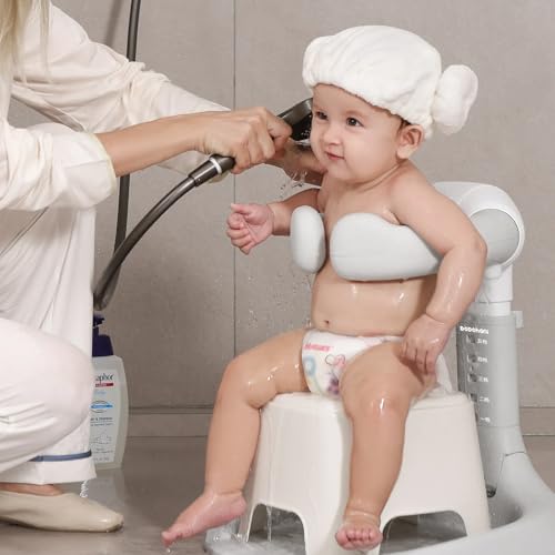Image of Baby Shower Stand with Adjustable Support - Eases Parent Strain, Prevents Water in Ears, Ensures Thorough Cleaning and Promotes Standing Confidence for Babies 8+ Months (Foldable)