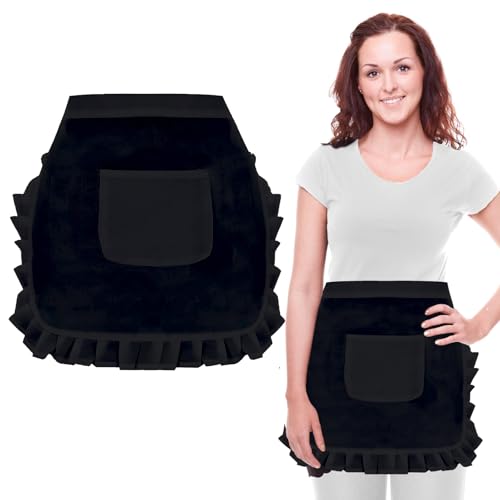 SwirlColor Delantal Negro con Bolsillo, Lindo Semidelantal de Flores para Mujer, Cintura Corta, Delantal de Camarero para Cocina, Restaurante, Cafetería y Taberna