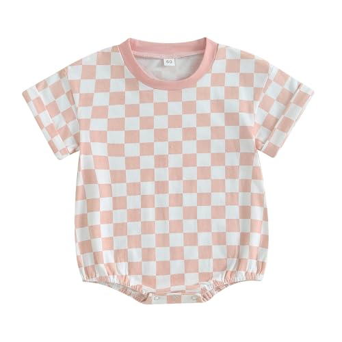 Image of Karuedoo Newborn Baby Boy Girl Clothes Checkered T-Shirt Bubble Romper Oversized Short Sleeve Onesie One-Piece Summer Outfit