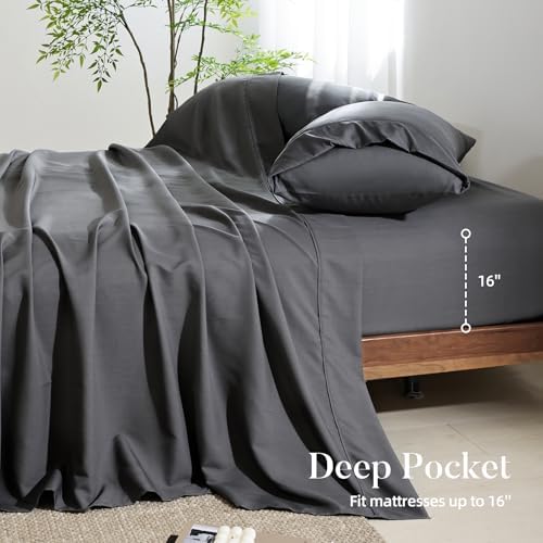 4 Piece King Size Sheet - Cooling Bed Sheets Set, Blend Rayon Derived from Bamboo, Breathable Soft Hotel Luxury Bedding & Pillowcases, Silky Fit 16 inch Extra Deep Pocket, Oeko-Tex - Charcoal - Thumbnail 3