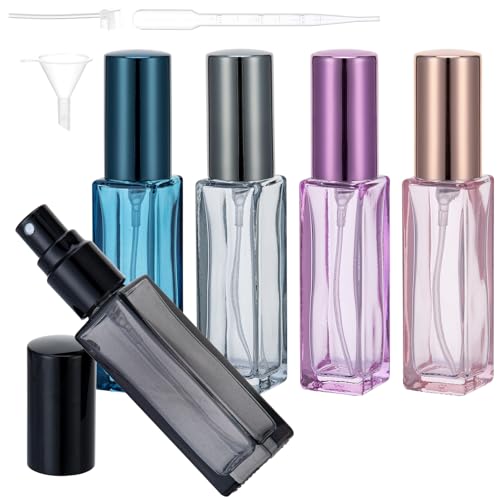 10ML Perfume Travel Refillable Spray Bottles 5Pcs Set, Mini Multicolour Glass Perfume Bottle Empty, Portable Cologne Dispenser Atomizer Sprayer, Square Shaped Travel Size Refill Bottles Kit