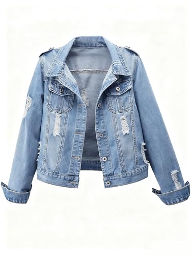 Kedera Women's Denim Jacket Distressed Casual Long Sleeve Ripped ...