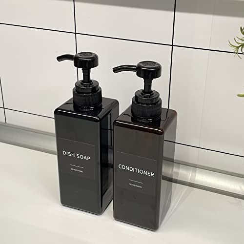 Image of Amber Soap Dispenser with Waterproof Labels, 16 oz Dish Soap Dispenser for Kitchen, Thickened Plastic Hand Soap Dispenser for Bathroom, Shampoo and Conditioner Pump Bottles with Silicon Funnel, 2 Pack