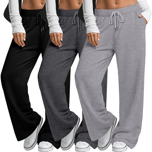 3 Pack Women's Plus Size Wide Leg Pants Drawstring Lounge Pants with Pockets Loose Yoga Sweatpants Casual Jogger