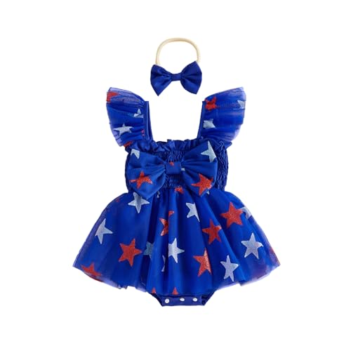 Rourufy 4th Of July Baby Girl Outfits Stars Tulle Tutu Dress Newborn Infant Bow Mesh Smocked Dresses Memoriday Day Clothes (A Stars Bow Blue 0-3 Months)