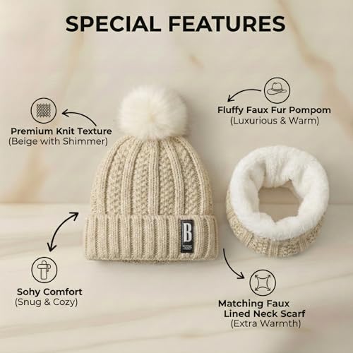 Image of Kraptick Women's Winter Beanie Cap and Scarf Set with Soft Fleece Lining, Thick Cable Knit Woolen Cap for Ladies & Neck Warmer for Extreme Cold Stylish Pom Pom Hat & Scarf Set -7
