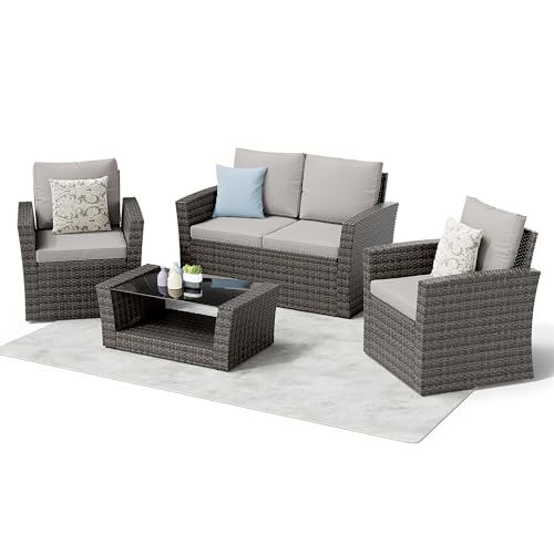 LHBcraft 4 Piece Outdoor Patio Conversation Sets, Wicker Patio Furniture with Rattan Glass Table, Cushioned Patio Furniture Set for Garden, Pool, Backyard (Grey-Grey)