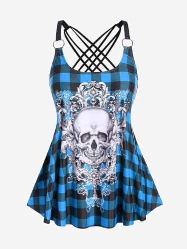 Rosegal Womens Plus Size Gothic Skull Plaid Padded Boyleg Strappy Modest Tankini Swimsuit Set2