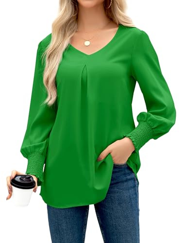 Zitiki Bluse Damen V Ausschnitt Elegante Locker Puffärmel Casual Langarm Einfarbig Longshirt Arbeit Tuniken(X-Large, Grün)