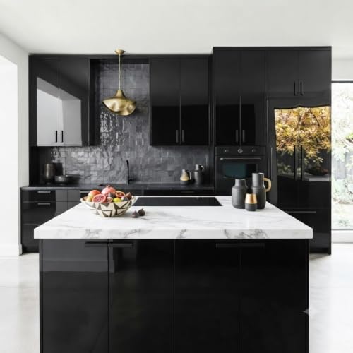 Image of WALLMATE Black Peel and Stick Self-Adhesive Removable Wallpaper - Thicken Waterproof for Kitchen Countertop Cabinet (2 Feet by 10 Feet, Glossy Black)