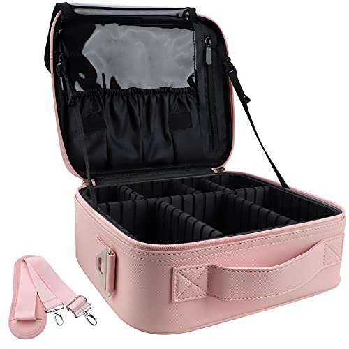 Oewoer Estojo de maquiagem para viagem – Bolsa grande de maquiagem profissional de 40 cm com alça ajustável, caixa de maquiador de couro para alisador de cabelo, conjunto de pincéis e cosméticos, Rosa