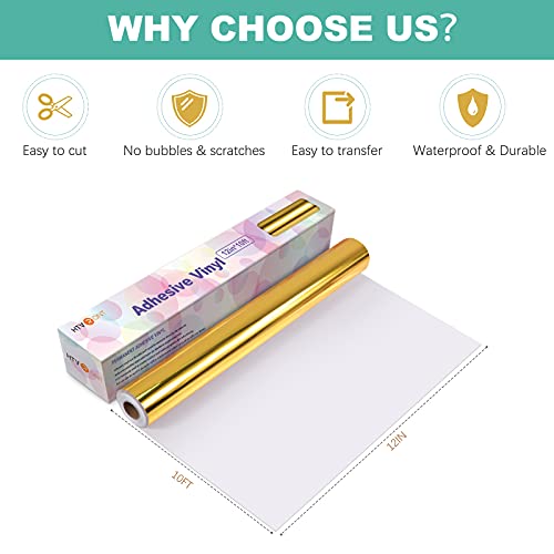 Htvront Gold Chrome Vinyl - 12" X 10Ft Mirror Metallic Gold Vinyl For Cricut - Easy To Weed & Transfer Gold Permanent Vinyl Roll #TOP4