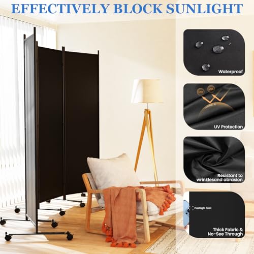 Image of SUNALLY Room Divider 6FT Folding Privacy Screens with Lockable Wheels, 4 Panel Room Partition for Room Separator, 88 inch W Freestanding Portable Fabric Wall Dividers for Home Dorm Studio Office, Black