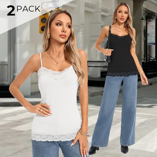 Image of Kate Kasin Women's Adjustable Spaghetti Strap Lace Trim Cami Tunic Tank Top 2PACK