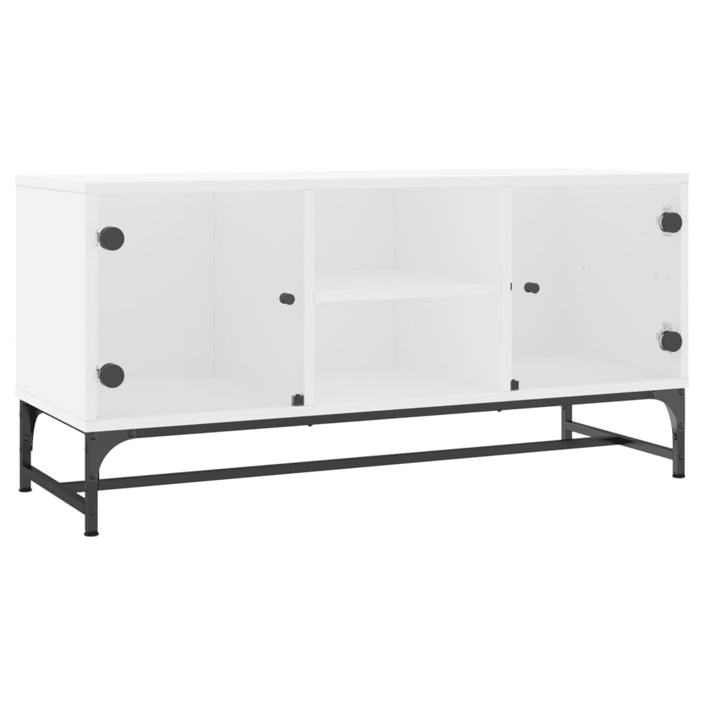 Szafka TV ze szklanymi drzwiami, biała, mebel telewizyjny, stół do salonu, gabinetu, 102 x 37 x 50 cm