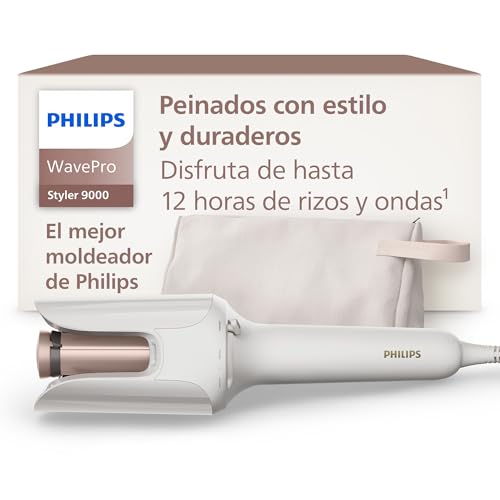 Philips WavePro Styler 9000 - con Tecnología SenseIQ y cilindro ajustable para ondas y rizos, moldeado 360º para crear estilos duraderos, blanco seda, con funda, modelo BHB968/10