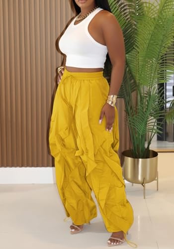 Image of Lucuna Women Balloon Pants Ruffle Fringe Drawstring High Waist Wide Leg Baggy Joggers Parachute Pants
