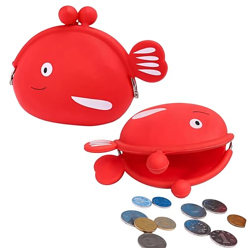 Image of FunBlast Cute Fish Shape Silicone Coin Purse for Kids & Adults - Mini Pouch for Coins, Earphones, Keys & Small Essentials, Aesthetic Pouches for Girls & Women - 12 X 9.5 X 3 Cm (Red)