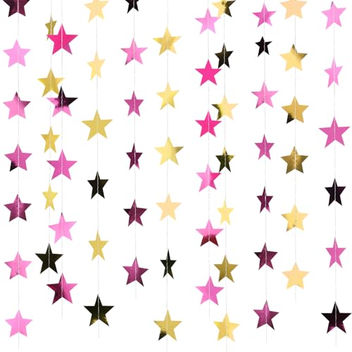 Image of Patelai 78 Feet Glitter Star Garland Banner 2026 Party Decoration Double Side Star Hanging String Streamer Paper Twinkle for Graduation Wedding Birthday (Gold and Pink)