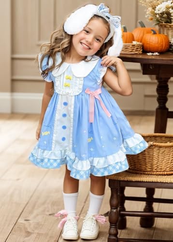 Girls Cute Anime Cartoon Print Cosplay Sky Blue Sweet Dress Ruffles Sleeve Casual Dress Headband2