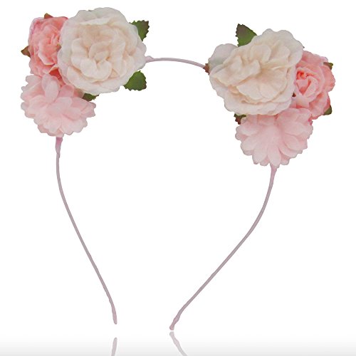 Summer Spring Floral Cat Ears Headband with Peach & Pink Colored Flowers for Women and Girls