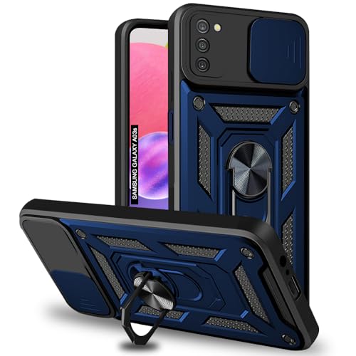 Image of AESTMO Tough Armor Samsung Galaxy A03S Bumper Back Case Cover | Ring Holder & Sliding Camera Shield Cover | 360 Degree Protection Back Case Cover for Samsung Galaxy A03S (Blue)