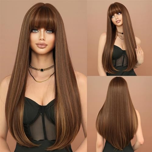 Perruque longue et lisse marron avec frange pour changer de style
