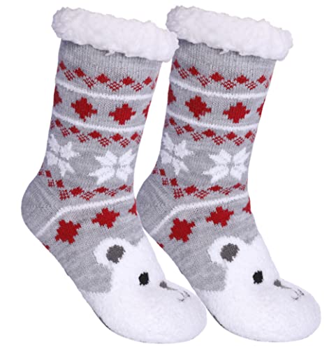 LINEMIN Girls Boys Warm Slipper Socks Child Cozy Soft Fleece Lined Thick Sherpa Winter Indoor Christmas Socks (4-7 Years, Polar Bear)