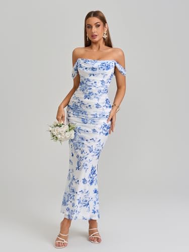 Image of KUTUMAI Off The Shoulder Maxi Long Dress Corset Ruched Bodycon Cocktail Formal Wedding Guest Dresses for Women