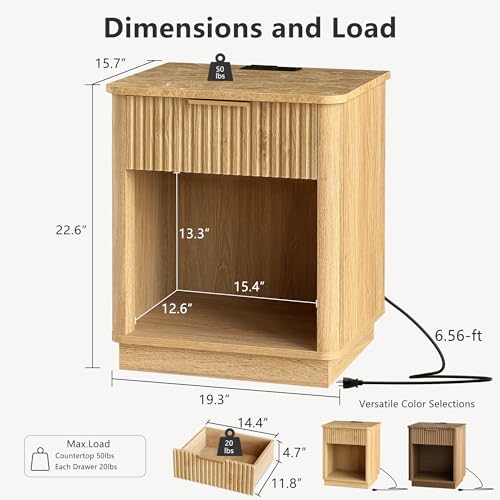 Image of Nightstands Set of 2, Fluted Nightstands with Drawer Faux Marble Top & Curved Edge, Modern Night Stands with Charging Station, End Tables Living Room, Bedside Table, Bedroom Furniture, Oak