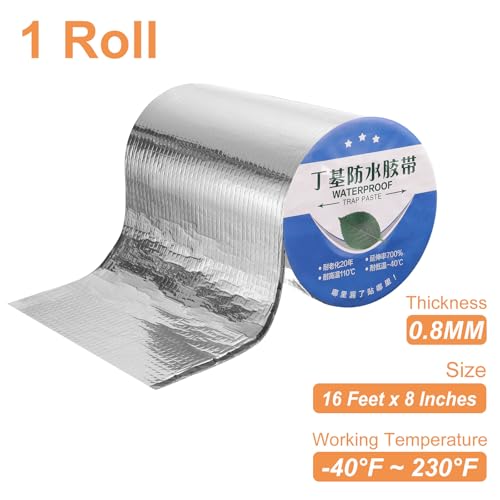 Image of HARFINGTON Waterproof Butyl Tape 16-ft x 8 inch W Aluminum Foil Sealant Tape, 0.03 inch Thick Upgraded Outdoor Use Self-Adhesive Sealing Tape for Roof Window RV Boat Pipe Repair