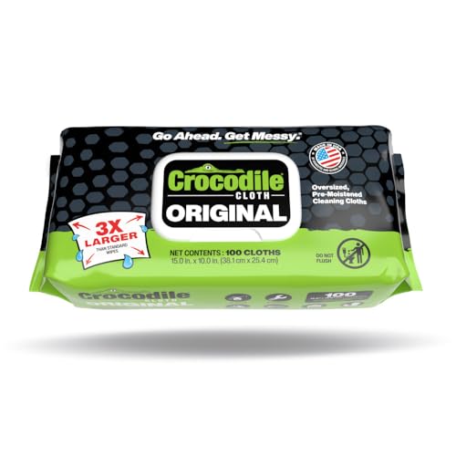 Crocodile Cloth Original Cleaning Wipes, Heavy-Duty Multi-Surface Hand & Tool Wipes, Water-Based, Safe on Skin, 100 Count, 15 x 10 Inch