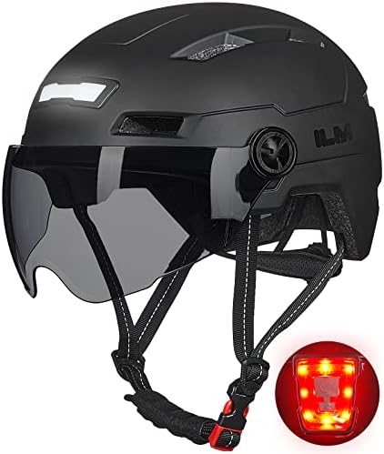 ILM Adult Bike Helmet with USB Rechargeable LED Front and Back Light Mountain&Road Bicycle Helmets for Men Women Removable Goggle Cycling Helmet E3-10L(Matte Black, Large/X-Large)
